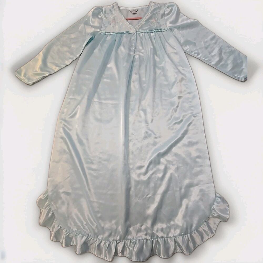 Vintage Kathryn Nightgown Icy Blue Satin Floral Embroidery Lace Ruffle Small